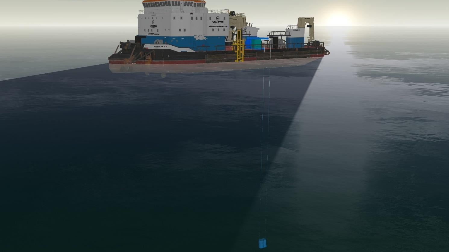 OrcaFlex model of the Carrera 4 CFE lowered to near the seabed from the OSV Zwerver I